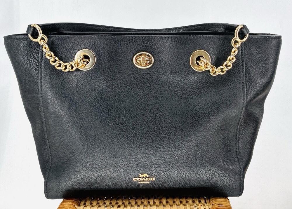 Coach Turnlock Chain Tote 27 Black Pebbled Leather Shoulder Bag Style 57107